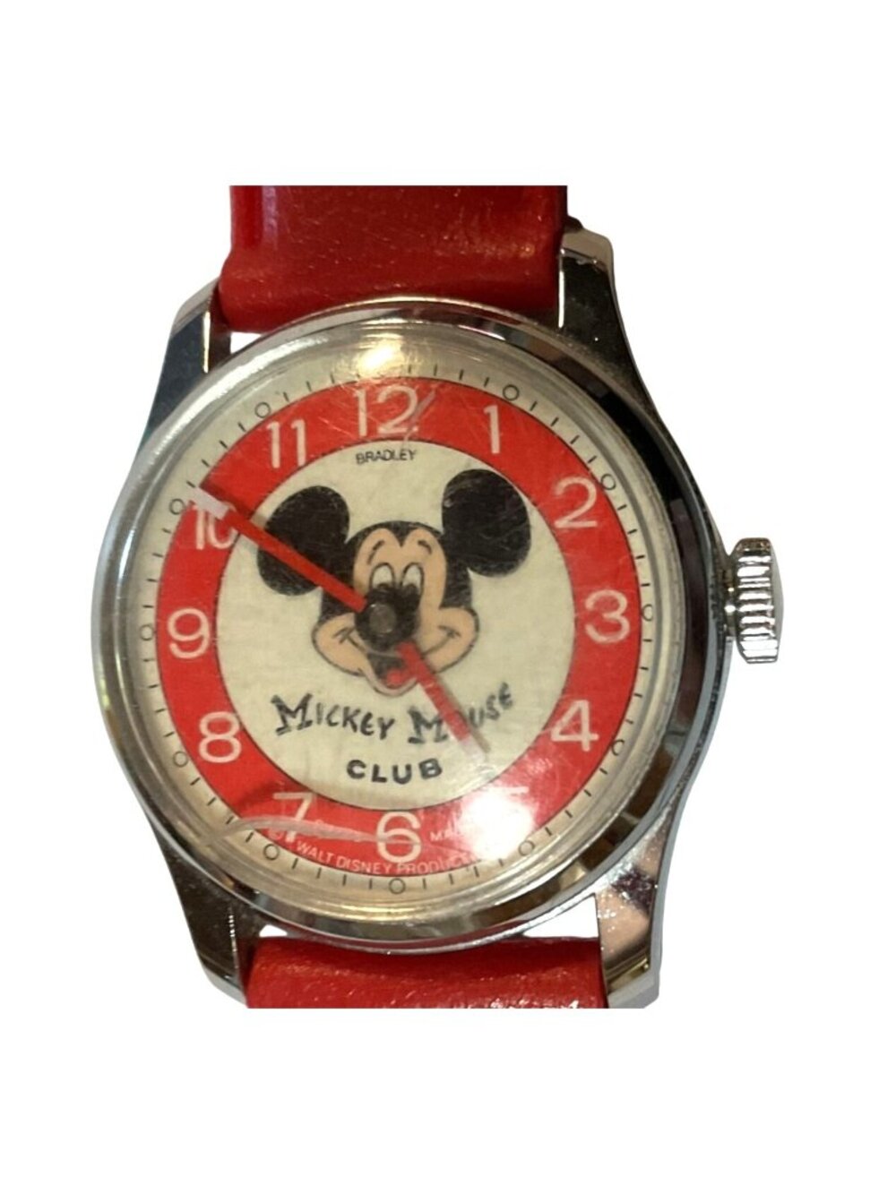 Vtg Mickey Mouse Club Watch With Red Strap Bradley Swiss Made Repairs Or Parts